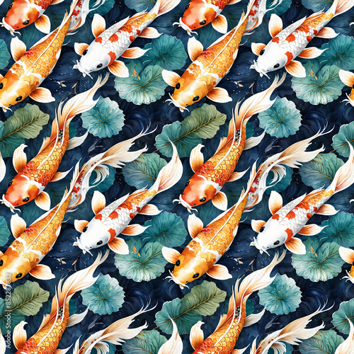 seamless pattern koi carp lotus luxury wallpaper background watercolor