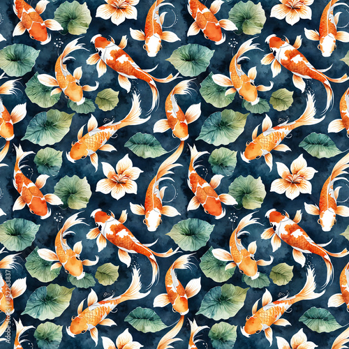 seamless pattern koi carp lotus luxury wallpaper background watercolor