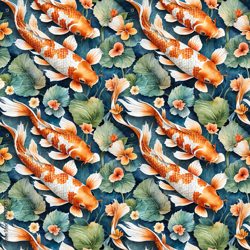seamless pattern koi carp lotus luxury wallpaper background watercolor