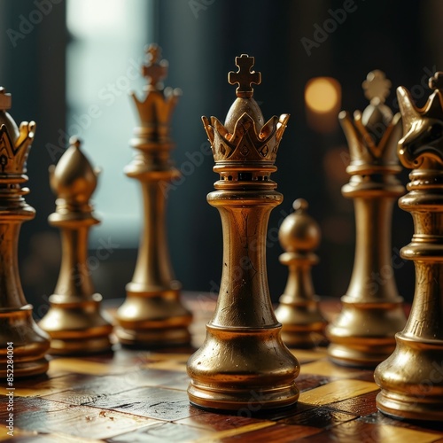 Golden Chess Queen on a Wooden Board.