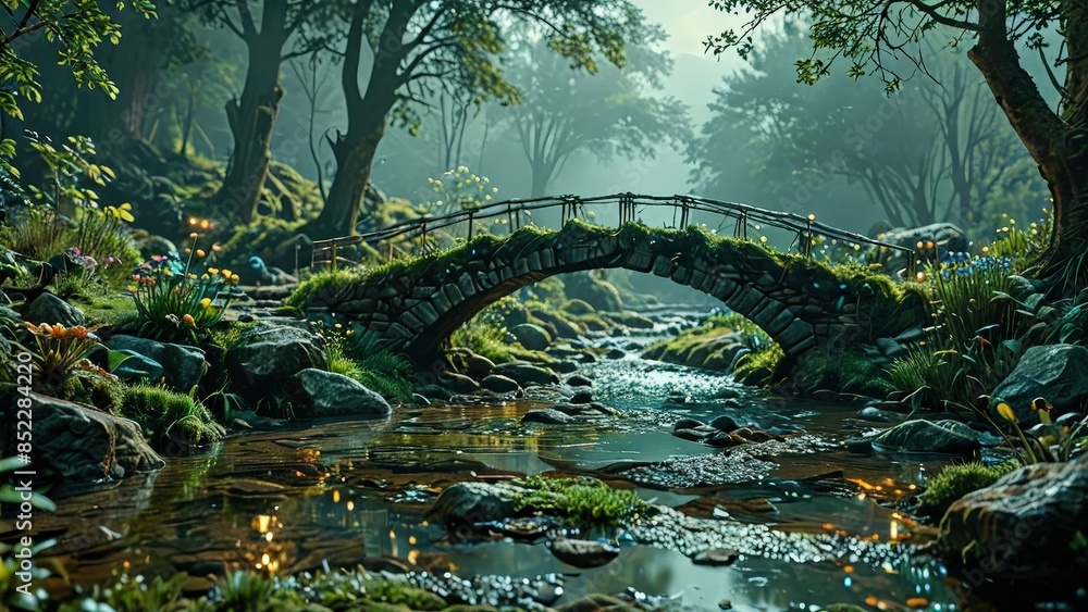 Stone Bridge Over a Misty Forest Stream. Stone Bridge Over a Misty Forest Stream.