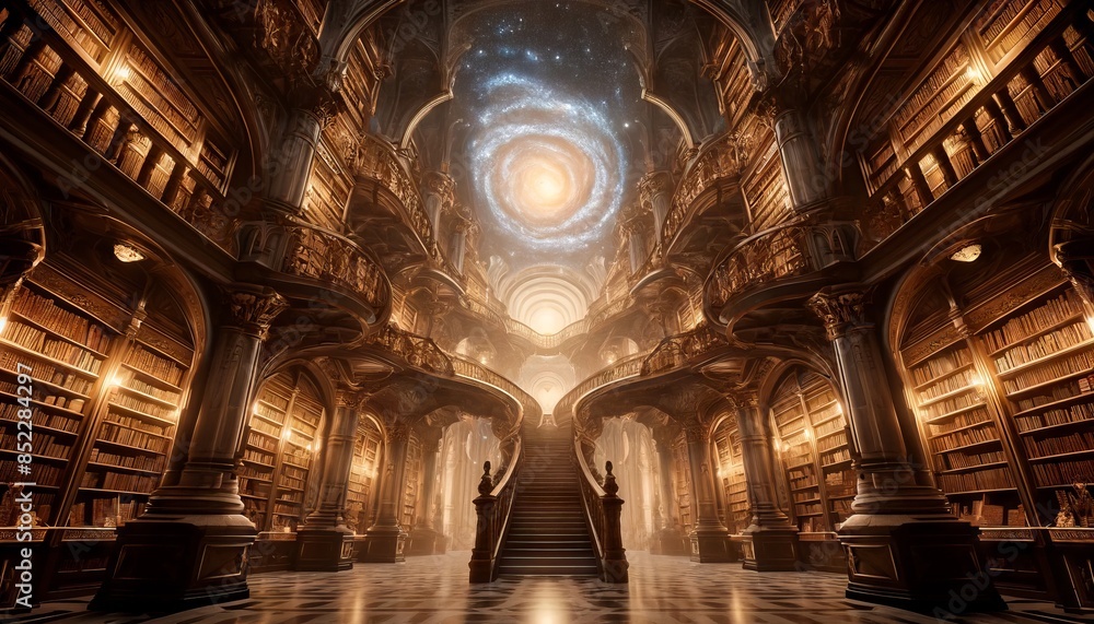 Obraz premium Majestic Library with Grand Staircase and Endless Books