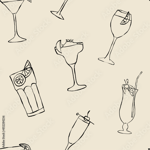 Patrón sin costuras de cocteles. Fondo minimalista de tragos ilustrados a mano en tendencia. Textura para papel de regalo, telas, diseños de redes sociales y papelería.  Fondo de bebidas.
