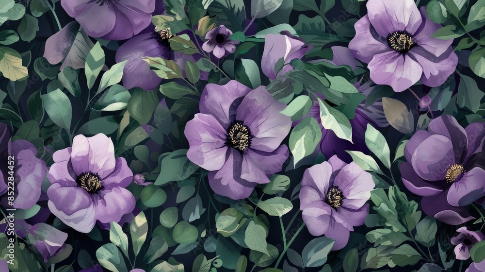 Purple flowers and green leaves in a floral design