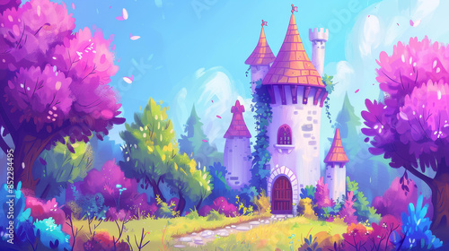 Transport yourself to a fairytale dreamworld with a mystical, pastelcolored castle illustration.