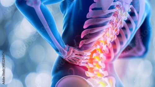 Back Pain - A 3D illustration of the lower back showing the spine and surrounding muscles photo