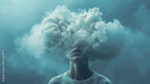 Person with cloud head on minimal background in concept of imagination and creativity, Dreamlike surreal portrait