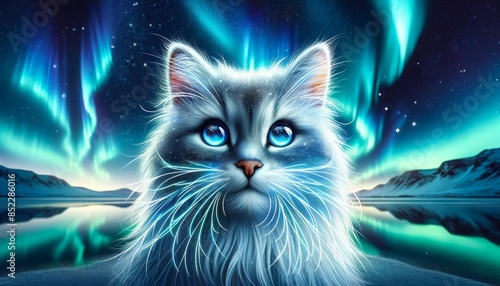 A cat with whiskers that glow like the northern lights, set against a polar night sky. photo