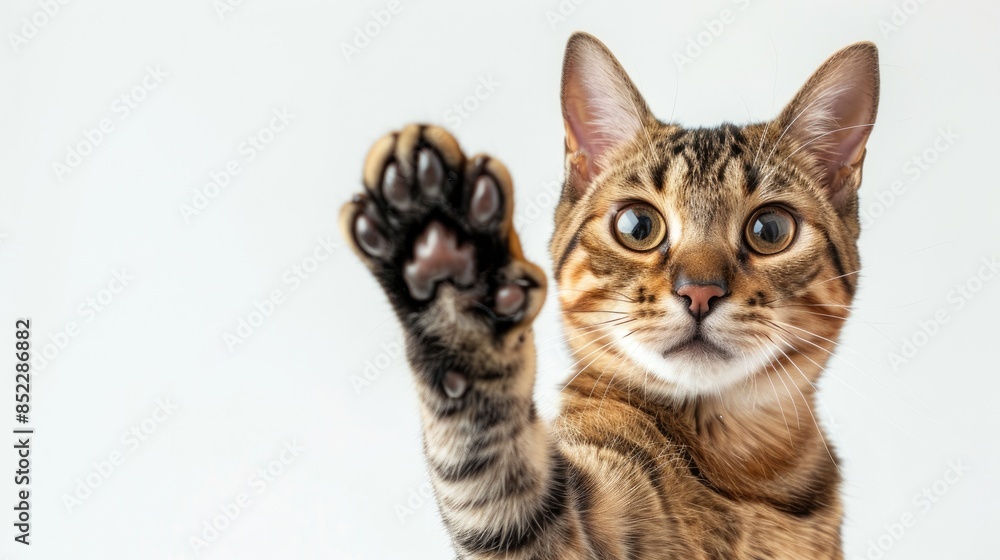 Bengal cat with raised paw on white background empty space Bengal cat with raised paw on white background empty space