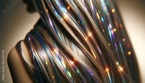 A close-up of hair extensions that include strands of holographic tinsel, adding a futuristic touch to the hairstyle. photo