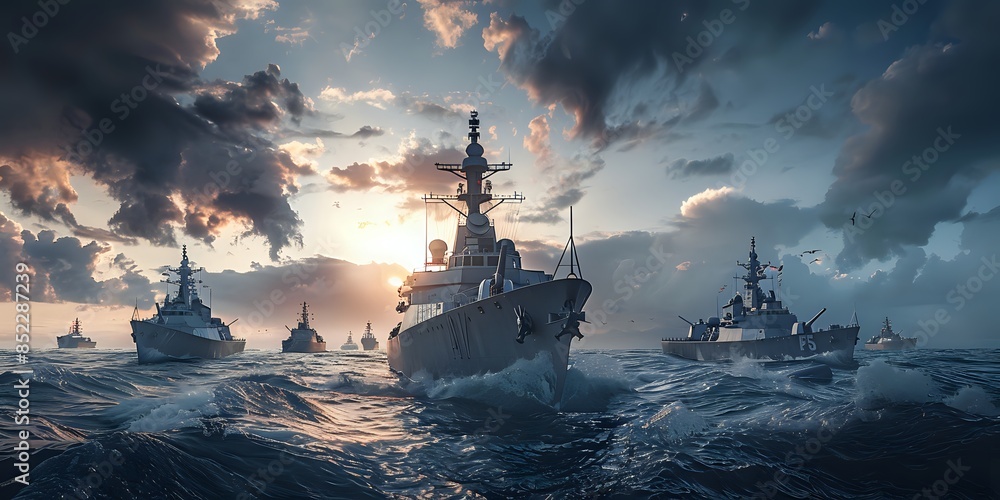 Modern Warships Formation on Open Ocean at Sunset Modern Warships Formation on Open Ocean at Sunset