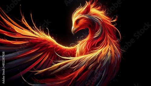 A phoenix reborn from ashes, its feathers a mix of radiant red, orange, and yellow glows, symbolizing rebirth and renewal.