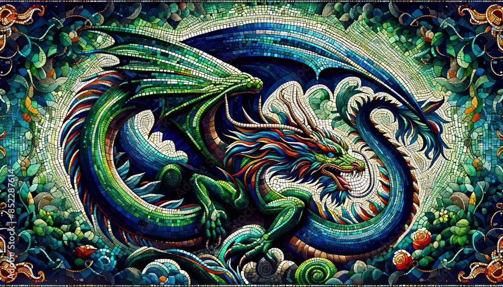 A detailed and vibrant image of a mythical dragon, its scales a mix of deep greens and blues, depicted in a colorful mosaic style.