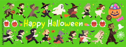 ハロウィーンの衣装を着た子供たちのかわいいシンプルなベクターイラスト