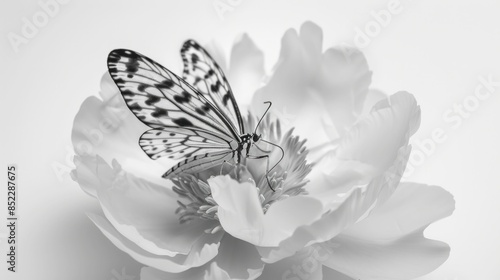 Wallpaper Mural Butterfly perching on white peony flower in elegant black and white composition for beauty and nature concept Torontodigital.ca