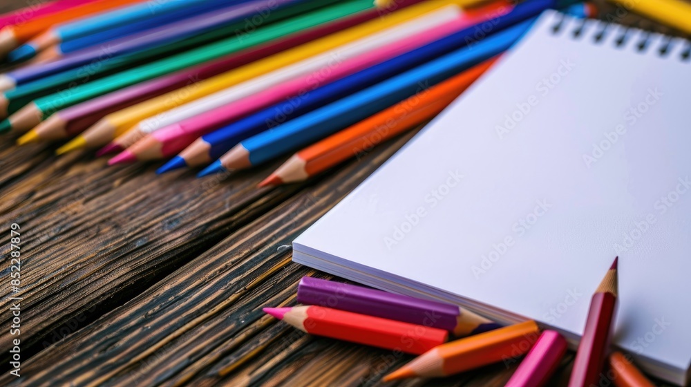 Colored pencils and notebook on wood surface Colored pencils and notebook on wood surface