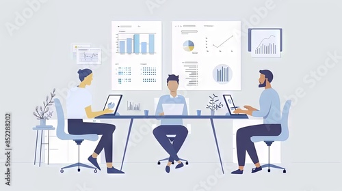 2D illustration, Three business professionals sitting at a table analyzing data on a laptop and graphs displayed on the wall in a modern office environment.