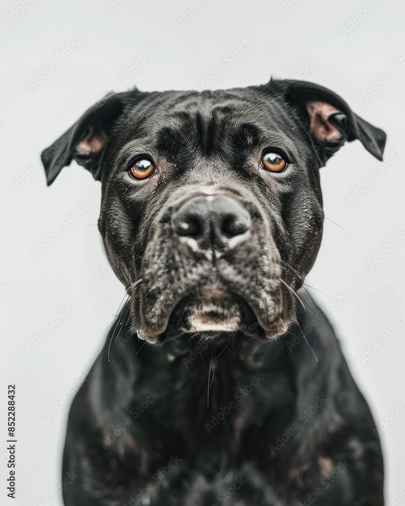 Portrait of a black staffordshire bull terrier dog on a white background for pet and animal lovers Portrait of a black staffordshire bull terrier dog on a white background for pet and animal lovers