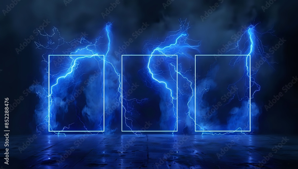 Glowing Blue Square Frames with Lightning Bolts in Stormy Atmosphere Glowing Blue Square Frames with Lightning Bolts in Stormy Atmosphere