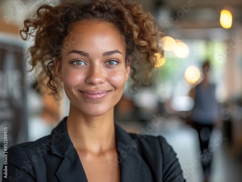 Portrait of a confident young black African American businesswoman smiling in a modern office setting, highlighting her professionalism and approachability