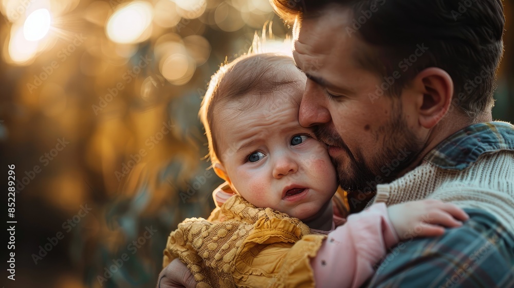 Obraz premium Father comforting his crying baby daughter in the park