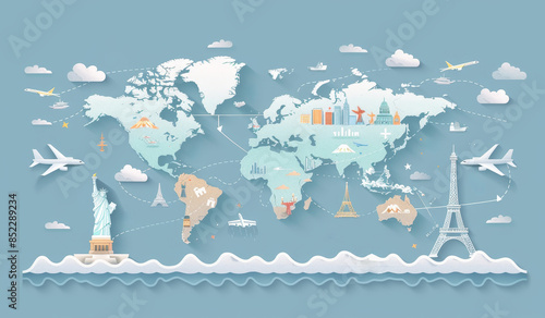 Fototapeta Naklejka Na Ścianę i Meble -  A colorful map of the world with a plane flying over New York and Paris by AI generated image