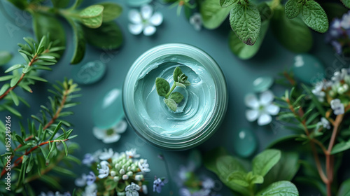 Natural cosmetic products at color background. Cream, mask, lotion for face and body care. Top view image with copy space