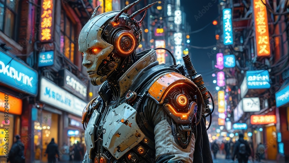Cyberpunk Robot in Neon City. Cyberpunk Robot in Neon City.