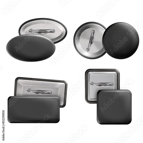 Vector. Mock Up. Set badge pin brooch of round, rectangular, oval, square shapes in black color. Realistic illustration isolated on white background.