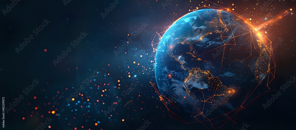 Obraz premium Earth view from Southern Hemisphere with Americas, telecommunications network, and data packets