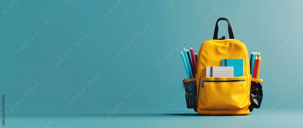 A yellow backpack with school supplies is placed on the right side of an isolated blue background, creating a minimalist and modern style. The backpack stands out against the solid color backdrop, A yellow backpack with school supplies is placed on the right side of an isolated blue background, creating a minimalist and modern style. The backpack stands out against the solid color backdrop,