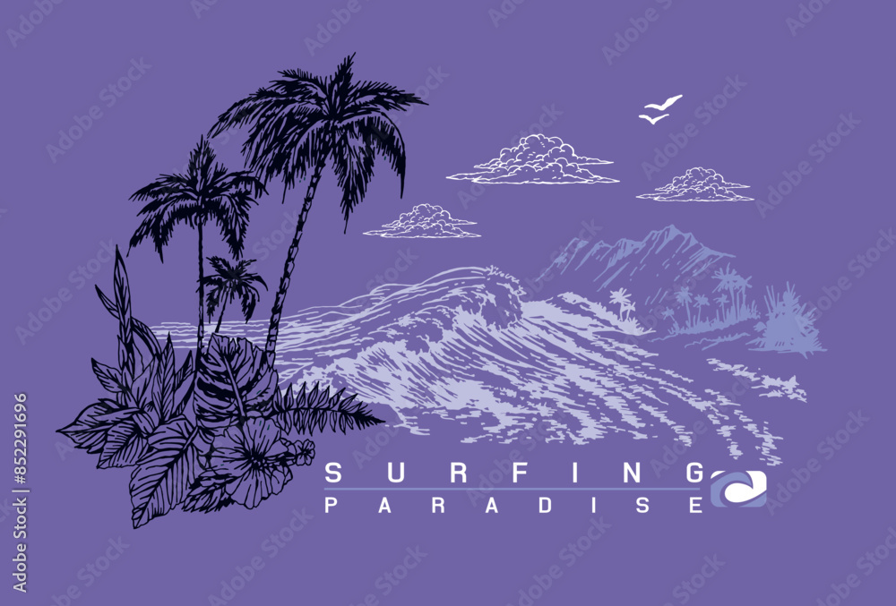Naklejka premium Beautiful vector illustration of coastal landscape with text related to surfing. Handmade drawing with free and uncluttered lines. Art for prints on t-shirts, posters, etc...