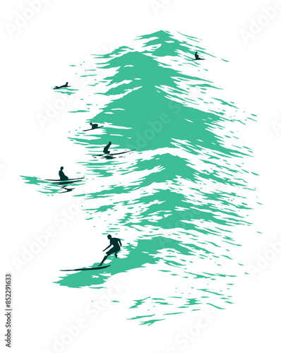 Vector handmade illustration of surfers silhouette in the sea waiting for the perfect waves.