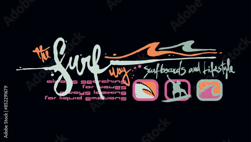 Vector illustration of handmade lettering with stylized waves and surfer. Art for printing on t-shirts and etc...