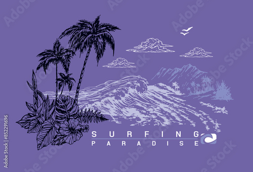 Beautiful vector illustration of coastal landscape with text related to surfing. Handmade drawing with free and uncluttered lines. Art for prints on t-shirts, posters, etc...