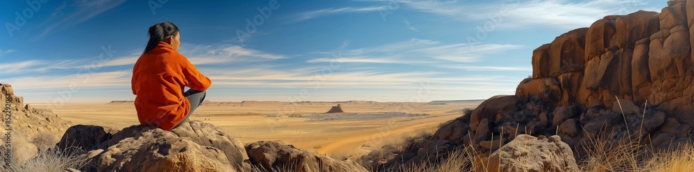 Panoramic view of a person sitting on a rocky outcrop, overlooking a vast desert landscape under a clear blue sky. Panoramic view of a person sitting on a rocky outcrop, overlooking a vast desert landscape under a clear blue sky.
