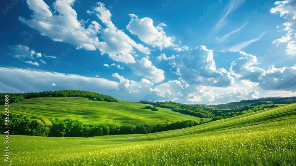 Hilly landscape with green slopes under the blue sky and white clouds Hilly landscape with green slopes under the blue sky and white clouds