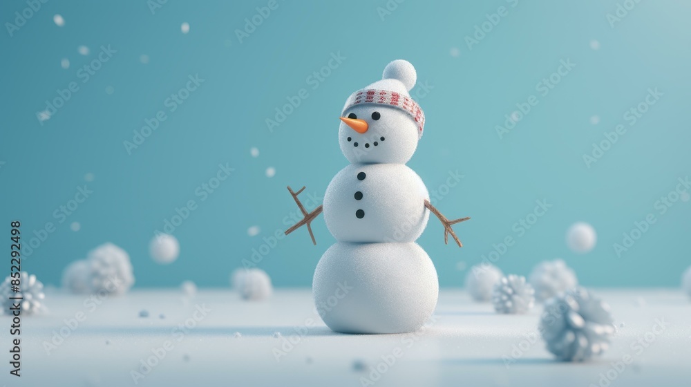 Fototapeta premium Get in the holiday spirit with a charming Christmas card featuring a cheerful snowman and snowflakes on a serene blue backdrop.
