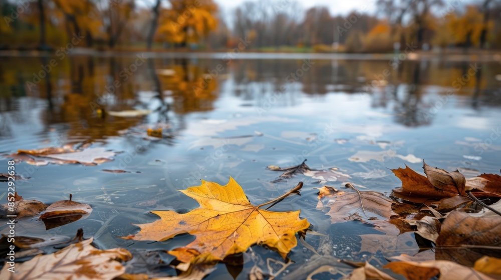 Beautiful autumn park in the morning with a yellow oak leaf on the water surface and dry leaves on a clean pond Beautiful autumn park in the morning with a yellow oak leaf on the water surface and dry leaves on a clean pond