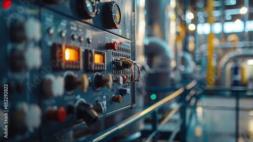 Close-up view of a high-tech electrical panel with a blurred background in a modern factory interior. Industrial light and magic atmosphere showcasing advanced technology and automation photo