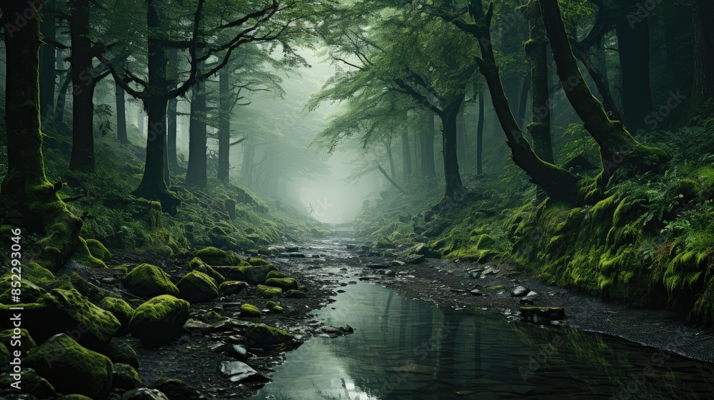 Obraz premium A green forest with fog