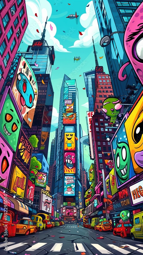 Obraz premium Capture a surreal, whimsical Worms-eye view of Blockheads in a bustling cityscape, reflecting playfulness in colorful, digital art with dynamic perspectives