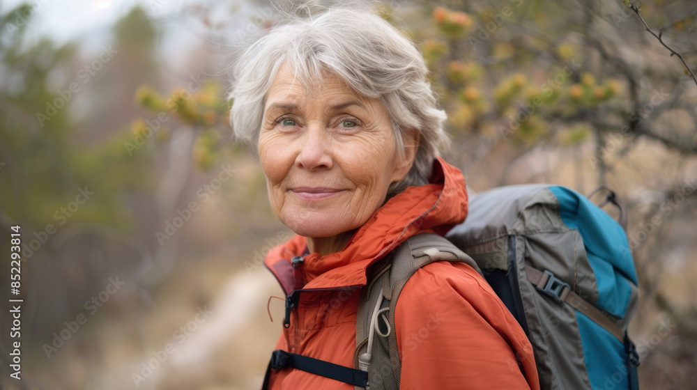 Elderly Woman Hiking with a Backpack in a Natural Setting Elderly Woman Hiking with a Backpack in a Natural Setting