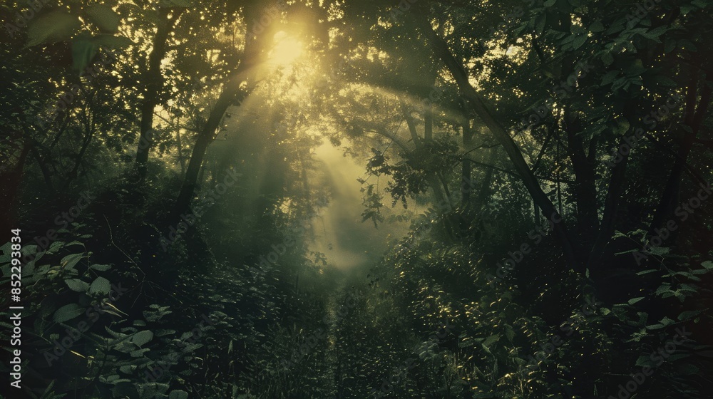 Obraz premium Vintage effect adds mystery to sunlight shining in the woods