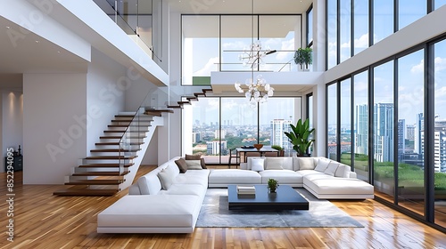 Modern open plan living room with large windows and wooden floor, double height space with staircase leading to upper level and terrace outside. White sofa on the right side of window, coffee table