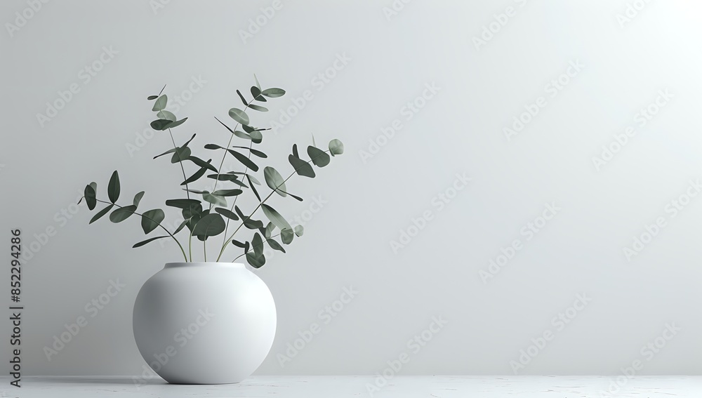 White Vase with Eucalyptus Leaves on Marble Table White Vase with Eucalyptus Leaves on Marble Table