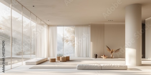 A image of interior of modern room with prop while sun ray shine at window show shadow with minimalism style. Light coming in from the window creates a bright and airy feel in the modern room. AIG42. photo