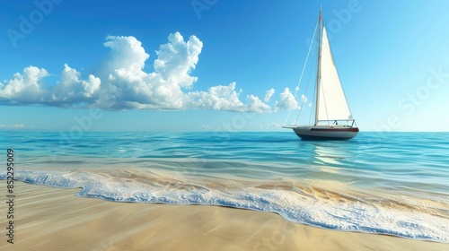 A serene beach scene with soft sand, clear waters, and a sailboat against a backdrop of a beautiful blue sky with fluffy clouds