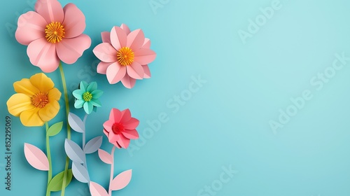 A creative display of colorful paper crafted flowers with a 3D effect on a pastel blue background, showcasing a vibrant and artistic design © Matthew