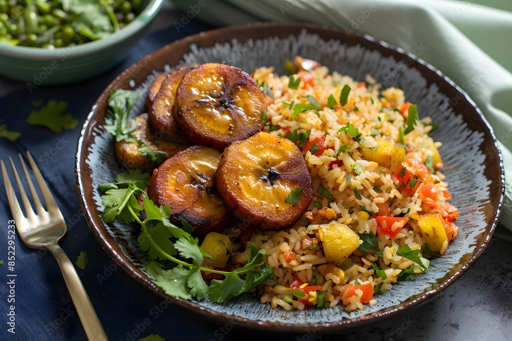 A plate of vibrant orange rice, sautéed in canola oil and served with golden brown fried plantains. The dish is set against an isolated dark background, A plate of vibrant orange rice, sautéed in canola oil and served with golden brown fried plantains. The dish is set against an isolated dark background,